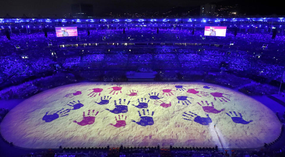 <p>A projection is seen during the closing ceremony for the 2016 Rio Olympics on August 21, 2016. (REUTERS/Fabrizio Bensch) </p>