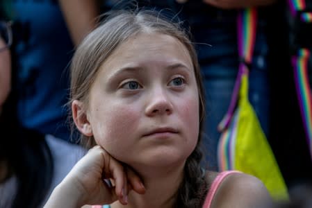 FILE PHOTO: Swedish activist Greta Thunberg participates in a youth climate change protest in front of the United Nations Headquarters in Manhattan