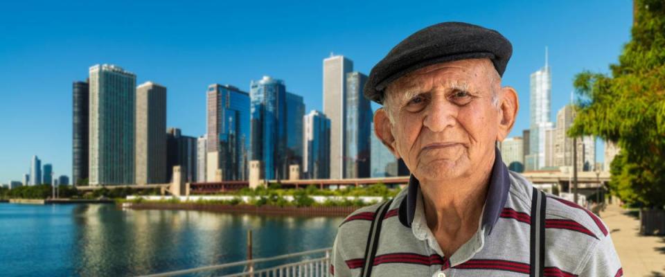 Elderly 80 plus year old man outdoor portrait with the Chicago skyline in the background.