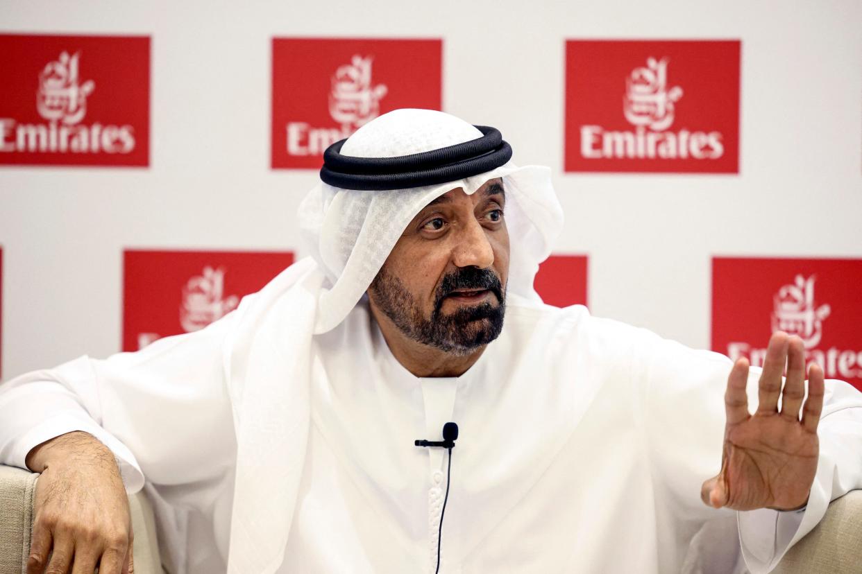 Sheikh Ahmed bin Saeed al-Maktoum, CEO of the Emirates Group, gives a press conference in Dubai on May 10, 2022.