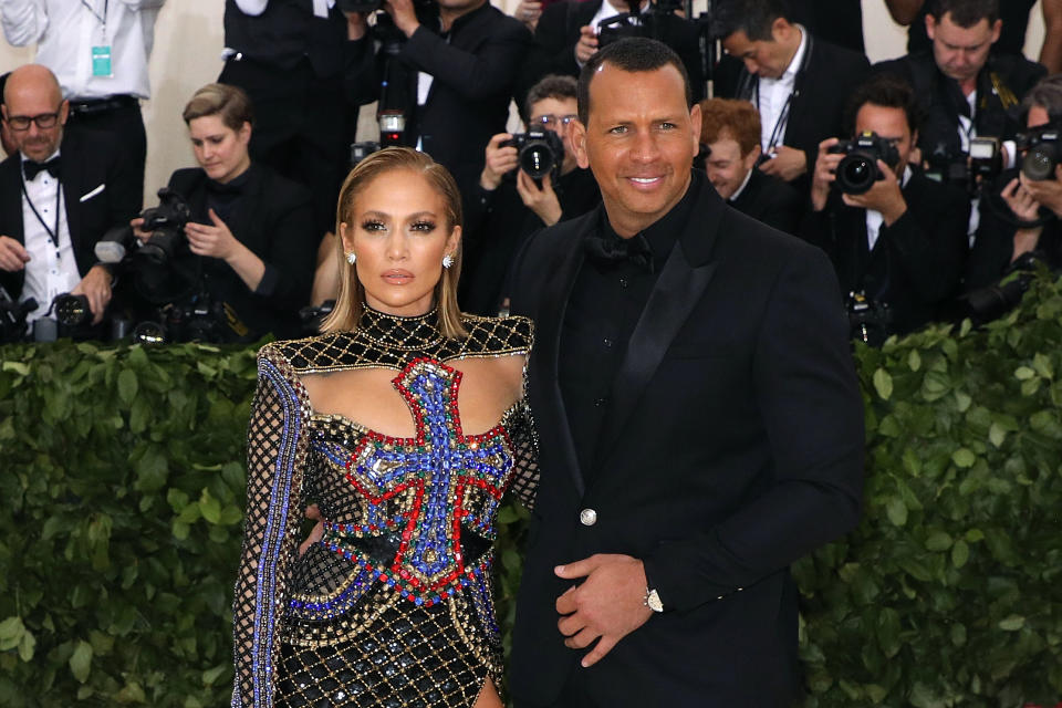 Jennifer Lopez and Alex Rodriguez attend the 2018 Costume Institute Benefit at Metropolitan Museum of Art. (Photo by Taylor Hill/Getty Images)