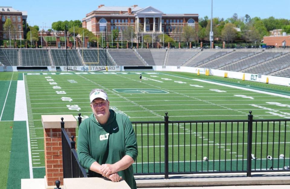 Biff Poggi in front of the Charlotte 49ers’ football stadium. The stadium’s 15,314 capacity is the smallest among schools in college football’s highest division, but Poggi said the team needs to get better to get people more interested in donating to increasing capacity. “ “Who wants to write a huge check if the team’s no good?” Poggi said.