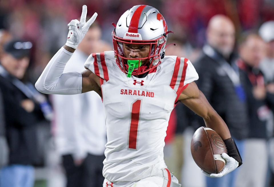 Saraland's Ryan Williams (1) scores his second touchdown of the night against Clay-Chalkville during the AHSAA Class 6A football state championship game at Bryant Denny Stadium in Tuscaloosa, Ala., on Friday December 8, 2023.