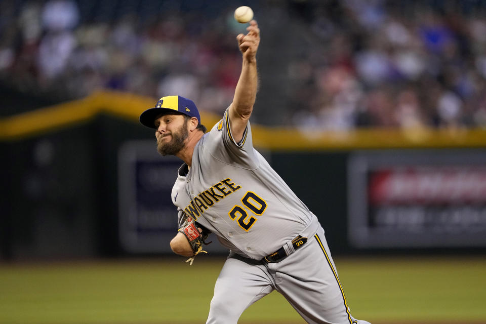 Milwaukee Brewers'starting pitcher Wade Miley (20) throws against the Arizona Diamondbacks during the second inning of a baseball game, Monday, April 10, 2023, in Phoenix. (AP Photo/Matt York)