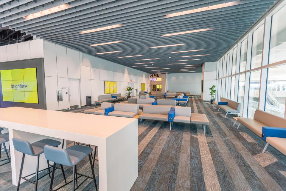 Brightline train station, Orlando International Airport, Florida, smart lounge.
