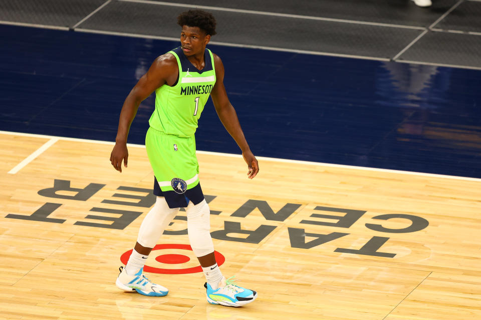 Anthony Edwards #1 of the Minnesota Timberwolves looks on during the third quarter against the New Orleans Pelicans at Target Center on May 1, 2021 in Minneapolis, Minnesota. NOTE TO USER: User expressly acknowledges and agrees that, by downloading and or using this photograph, User is consenting to the terms and conditions of the Getty Images License Agreement. (Photo by Harrison Barden/Getty Images)