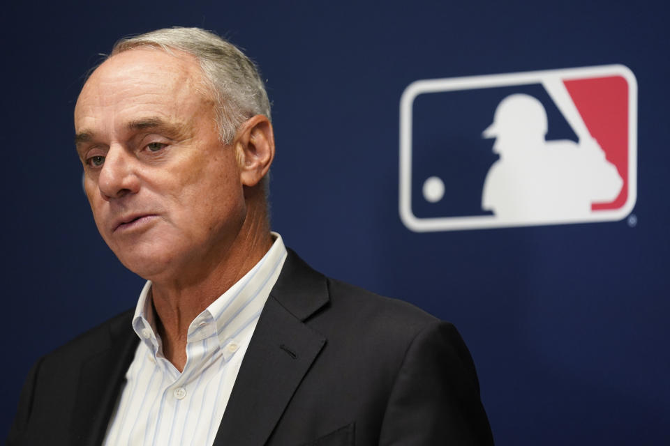 Major League Baseball Commissioner Rob Manfred speaks to reporters following an owners' meeting at MLB headquarters in New York, Thursday, June 16, 2022. (AP Photo/Seth Wenig)