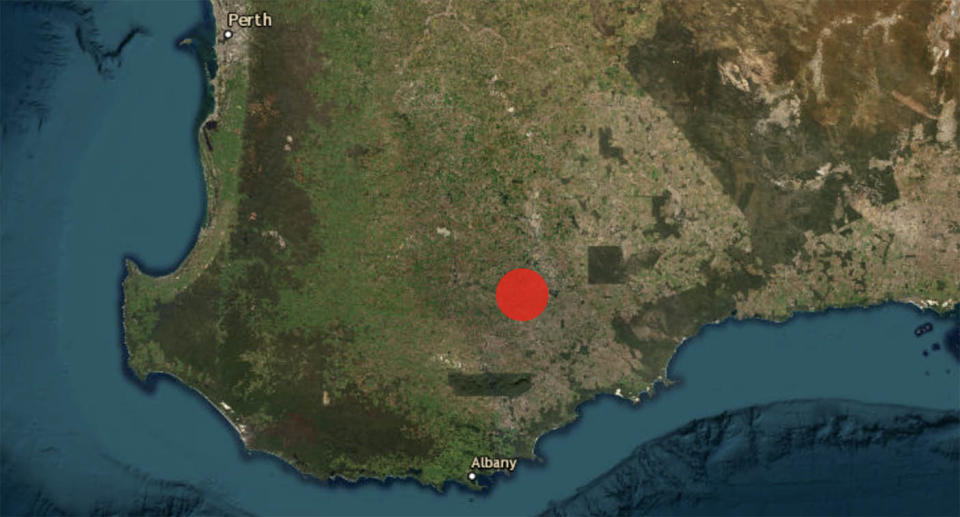 A map of southern Western Australia, showing the epicentre of the earthquake that struck on Sunday morning.