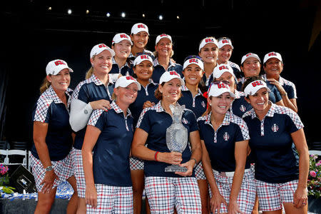 Aug 20, 2017; West Des Moines, IA, USA; USA poses with The Solheim Cup at the closing ceremonies of the 2017 Solheim Cup at Des Moines Golf and Country Club. Brian Spurlock-USA TODAY Sports