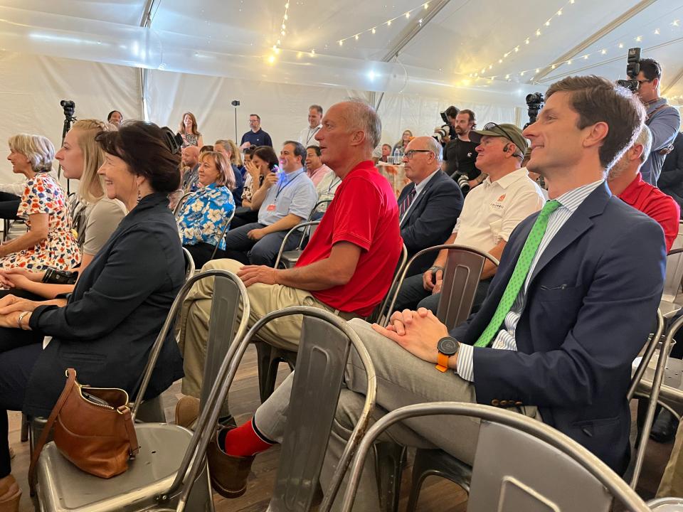 (Left) Maury County Mayor Sheila Butt, Columbia Vice Mayor Randy McBroom and Columbia Mayor Chaz Molder attend the ribbon-cutting ceremony and reception of the announcement of the opening of the France-based Mersen plant in Columbia at the former Union Carbide site on Santa Fe Pike in Columbia, Tenn. on July 11, 2023.