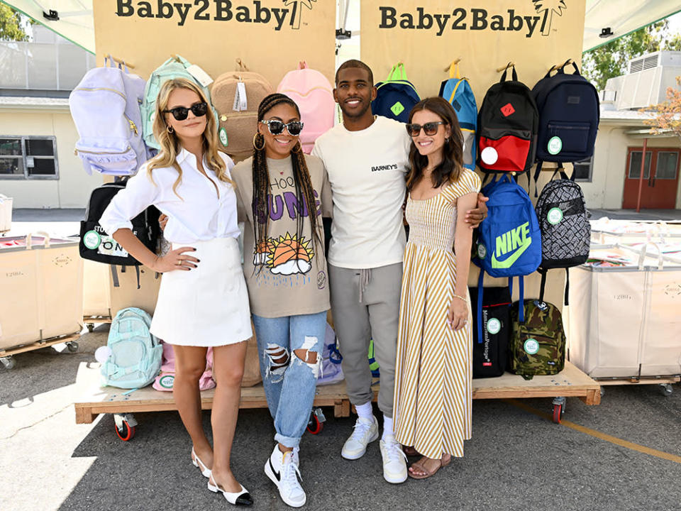 (L-R) Baby2Baby Co-CEO Kelly Sawyer Patricof, Jada Paul, Chris Paul, and Baby2Baby Co-CEO Norah Weinstein attend as Chris and Jada Paul host Baby2Baby's Back2School Distribution Event on August 04, 2022 in Los Angeles, California.