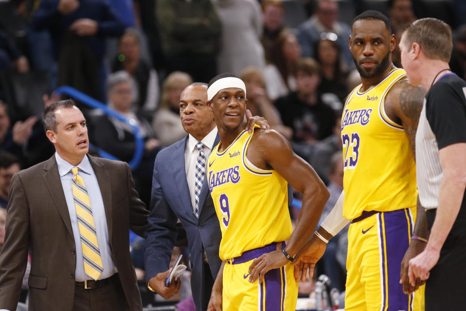 Los Angeles Lakers guard Rajon Rondo (9) is ejected during the second half of the team&#39;s NBA basketball game against the Oklahoma City Thunder on Friday, Nov. 22, 2019, in Oklahoma City. (AP Photo/Sue Ogrocki)