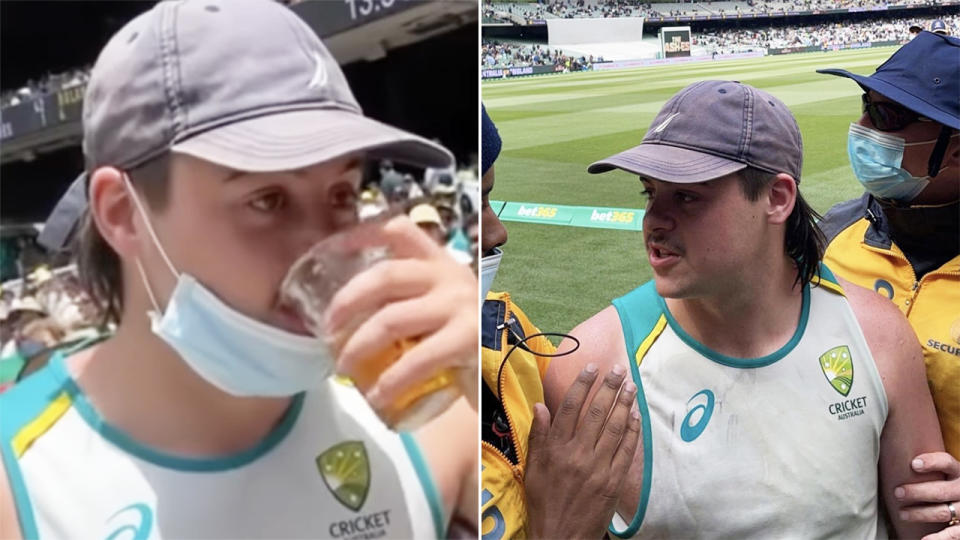 There were a variety of posts on social media throughout the Boxing Day Test at the MCG of fans skolling beers and then complaining when asked to leave by security and Victoria Police. Pictures: Instagram/@the28yearoldmale