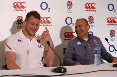 Britain Rugby Union - England Training & Press Conference - Pennyhill Park, Bagshot, Surrey - 24/2/17 England Head Coach Eddie Jones and Dylan Hartley during the press conference Action Images via Reuters / Andrew Boyers Livepic