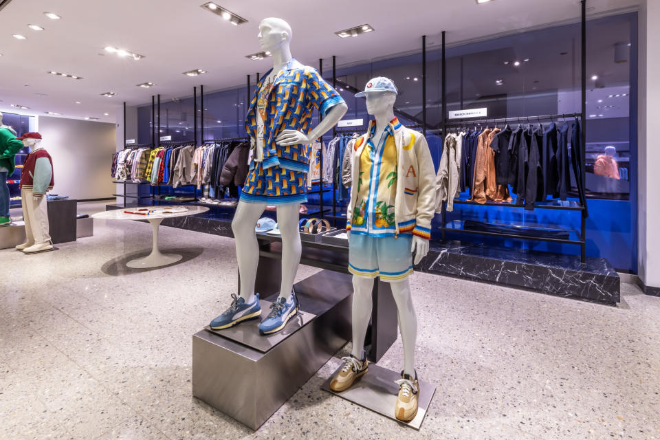 Mannequins styled in Casablanca offerings near the men's floor Atrium at Saks Fifth Avenue in NYC