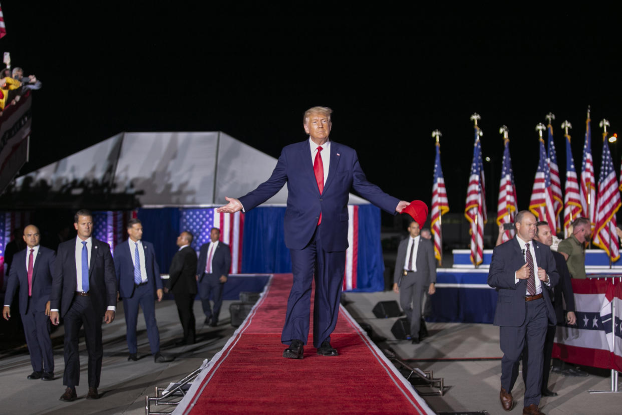 WILMINGTON, NC - SEPTEMBER 23: Former President Donald Trump arrives at a Save America Rally at the Aero Center Wilmington on September 23, 2022 in Wilmington, North Carolina. The 