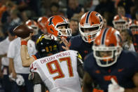 Illinois quarterback Brandon Peters passes into the end zone during the first half of an NCAA college football game against Maryland Friday, Sept. 17, 2021, in Champaign, Ill. (AP Photo/Charles Rex Arbogast)