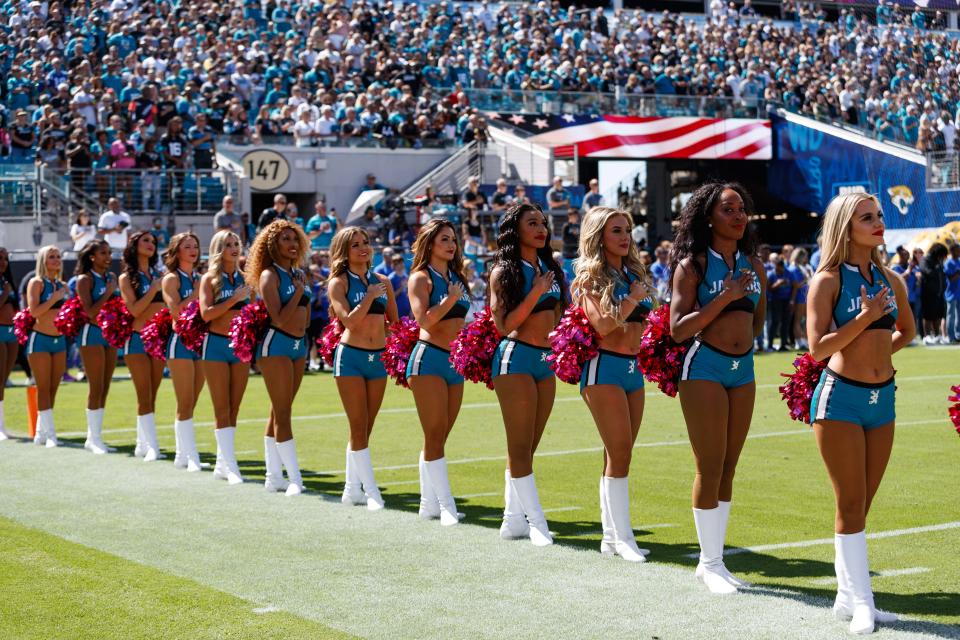 Oct 15, 2023; Jacksonville, Florida, USA; Jacksonville Jaguars cheerleaders during the National Anthem before the game against the Indianapolis Colts at EverBank Stadium. Mandatory Credit: Morgan Tencza-USA TODAY Sports