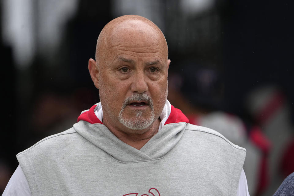 Washington Nationals general manager Mike Rizzo is seen during a spring training baseball workout Sunday, Feb. 18, 2024, in West Palm Beach, Fla. (AP Photo/Jeff Roberson)
