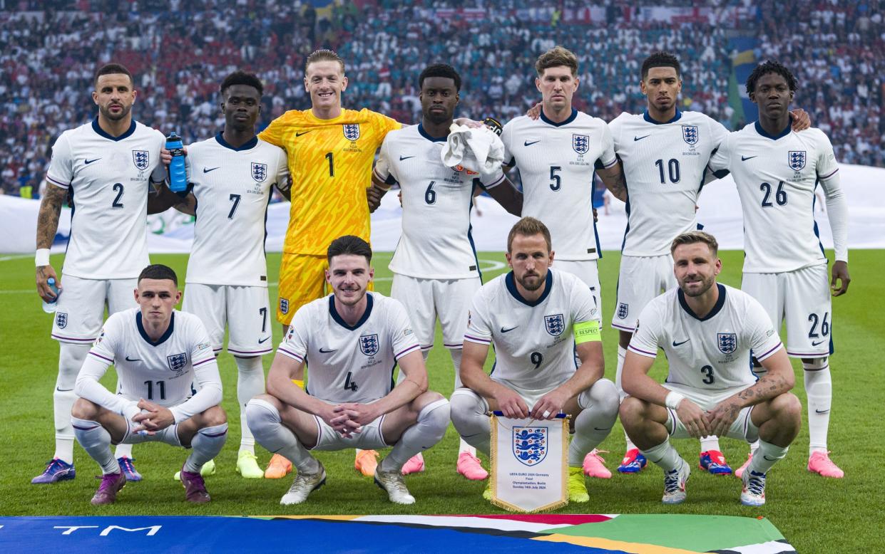 England's starting XI: Kyle Walker, Bukayo Saka, Jordan Pickford, Marc Guéhi, John Stones, Jude Bellingham, Kobbie Mainoo, Phil Foden, Declan Rice, Harry Kane and Luke Shaw