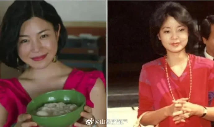 ▲陳妍希（左）演出《但願人長久》飾演鄧麗君，還有網友做出殘酷對比圖，批評她神韻模仿不來。（圖／微博）