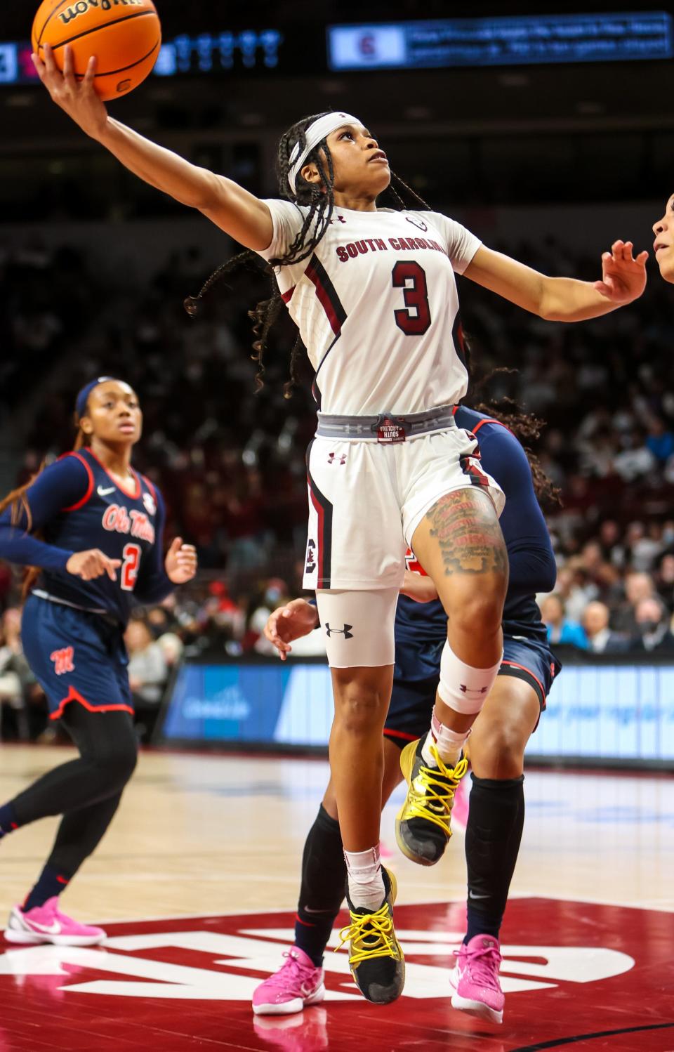 Jan 27, 2022; Columbia, South Carolina, USA; South Carolina Gamecocks guard Destanni Henderson (3) shoots against the Ole Miss Rebels in the second half at Colonial Life Arena. Mandatory Credit: Jeff Blake-USA TODAY Sports