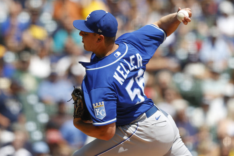 Kansas City Royals starting pitcher Brad Keller throws to the Milwaukee Brewers during the first inning of a baseball game Wednesday, July 21, 2021, in Milwaukee. (AP Photo/Jeffrey Phelps)