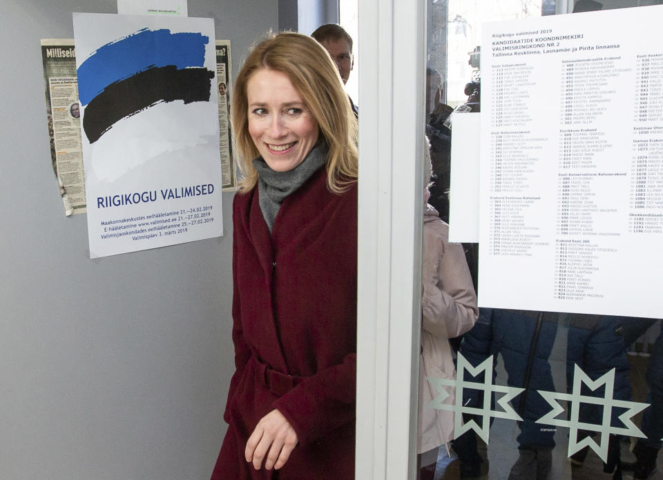 FILE - In this file photo dated Sunday, March 3, 2019, Chairwoman of the Reform Party Kaja Kallas arrives at a polling station during a parliamentary elections in Tallinn, Estonia. President Kersti Kaljulaid said Thursday Jan. 14, 2021, in a statement that Kaja Kallas would now have 14-days to put together a new Cabinet, after Prime Minister Juri Ratas stepped down in the wake of a corruption scandal. (AP Photo/Raul Mee)