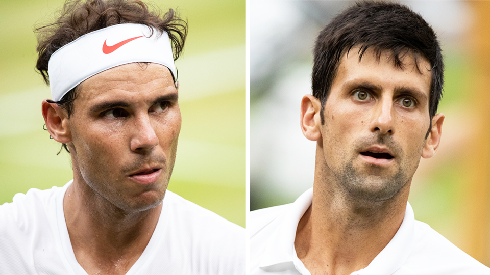 Novak Djokovic (pictured right) looking at his player's box and (pictured left) Rafa Nadal reacting after a point at Wimbledon.