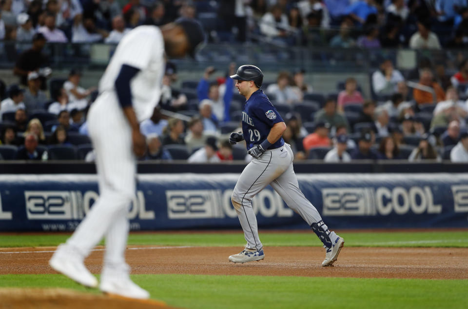 Seattle Mariners' Cal Raleigh (29) runs the base after hitting a home run off New York Yankees starting pitcher Domingo German during the fourth inning of a baseball game Thursday, June 22, 2023, in New York. (AP Photo/Noah K. Murray)