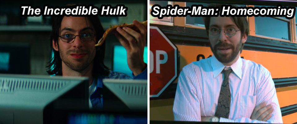 Mister Harrington sitting at a computer and holding pizza in The Incredible Hulk and then in front of a school bus in Spider-Man: Homecoming