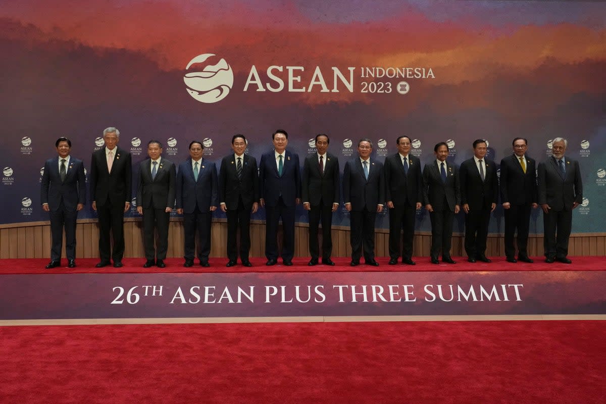From left to right, Philippines president Ferdinand Marcos Jr, Singapore's prime minister Lee Hsien Loong, Thailand's permanent secretary of the ministry of foreign affairs Sarun Charoensuwan, Vietnam's prime minister Pham Minh Chinh, Japan's prime Mmnster Fumio Kishida, South Korean president Yoon Suk Yeol, Indonesian president Joko Widodo, Chinese premier Li Qiang, Laos' prime minister Sonexay Siphandone, Brunei's sultan Hassanal Bolkiah, Cambodia's prime minister Hun Manet, Malaysian prime minister Anwar Ibrahim and East Timor's prime minister Xanana Gusmao pose for a family photo (VIA REUTERS)