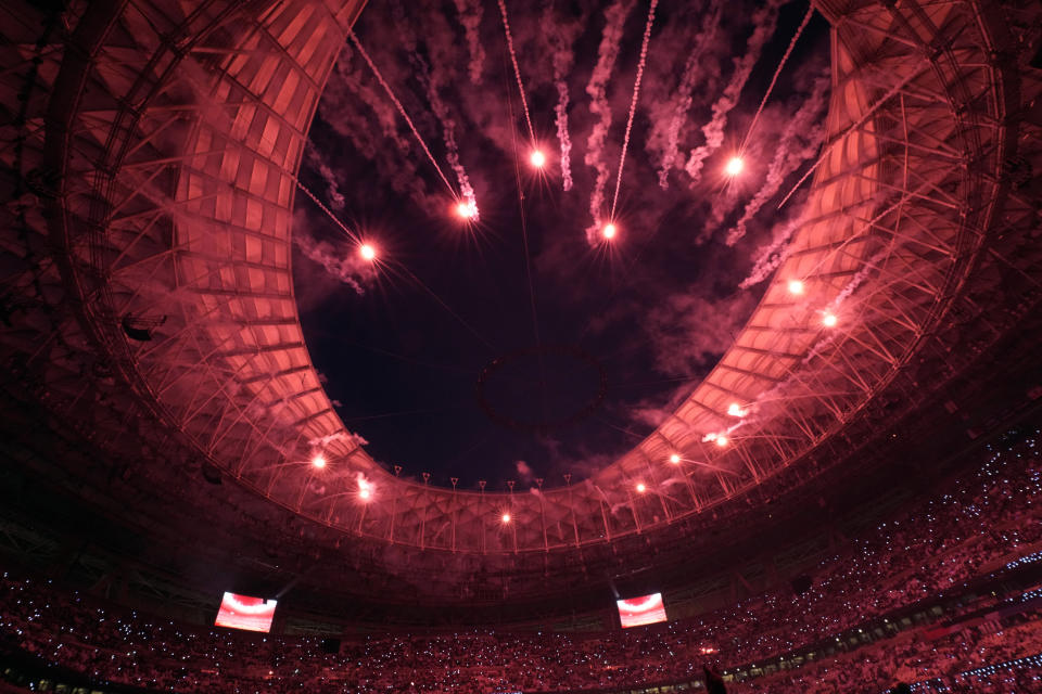 FILE - Fireworks go off during the opening ceremony ahead of the Asian Cup Group A soccer match between Qatar and Lebanon at the Lusail Stadium in Lusail, Qatar, Friday, Jan. 12, 2024. (AP Photo/Thanassis Stavrakis, File)