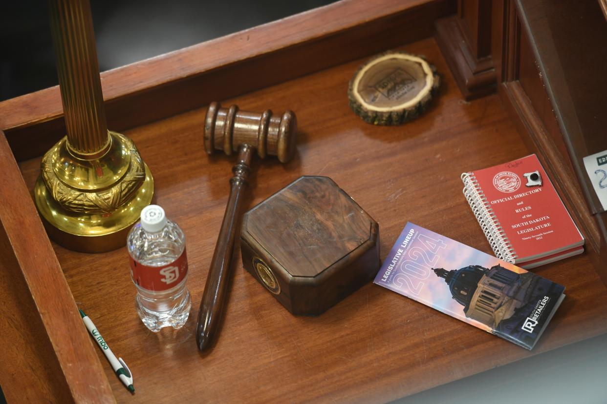 A gavel sitting on the desk inside the Senate on Tuesday, Jan. 9, 2024 at South Dakota State Capitol in Pierre.