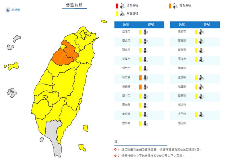 中央氣象局發布低溫特報。（圖／中央氣象局）