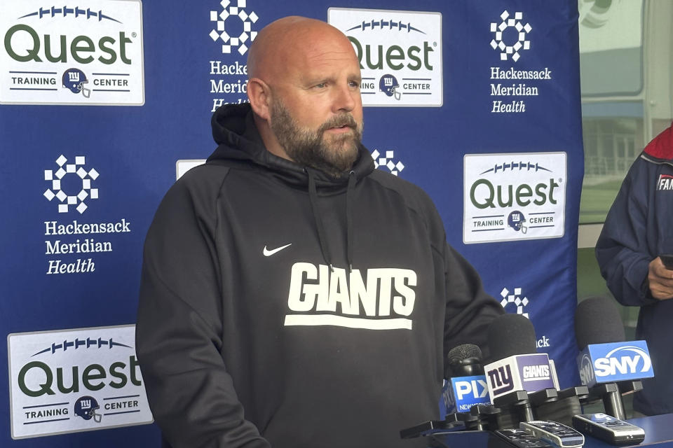 New York Giants coach Brian Daboll speaks with the media before NFL football practice, Wednesday, Oct. 18,2 023, in East Rutherford, N.J. (AP Photo/Tom Canavan)