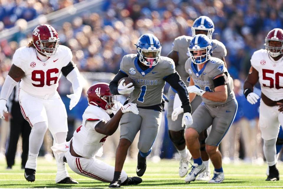 Kentucky running back Ray Davis (1) has personally accounted for 14 of the 38 touchdowns UK has scored so far in 2023. Davis has nine rushing TDs and five receiving touchdowns.