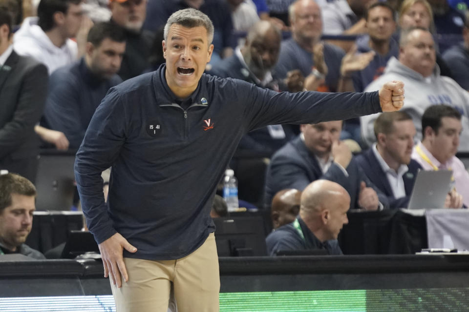 FILE - Virginia head coach Tony Bennett argues a call during the second half of an NCAA college basketball game against Duke for the championship of the Atlantic Coast Conference Tournament in Greensboro, N.C., Saturday, March 11, 2023. (AP Photo/Chuck Burton, File)