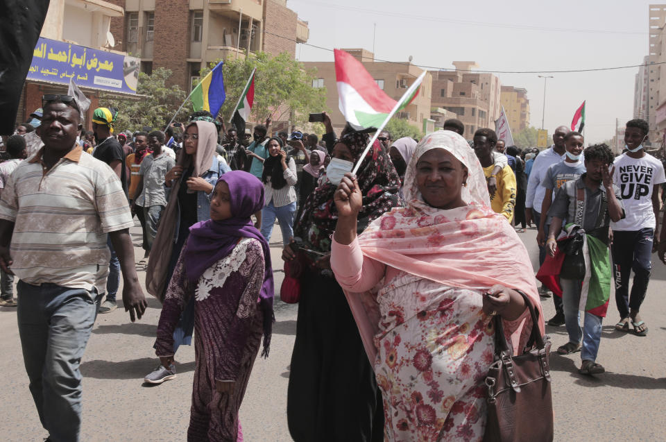 Sudanese anti-coup protesters take part in ongoing demonstrations against the military rule in Khartoum, Sudan, Thursday, March.24, 2022. (AP Photo/Marwan Ali)