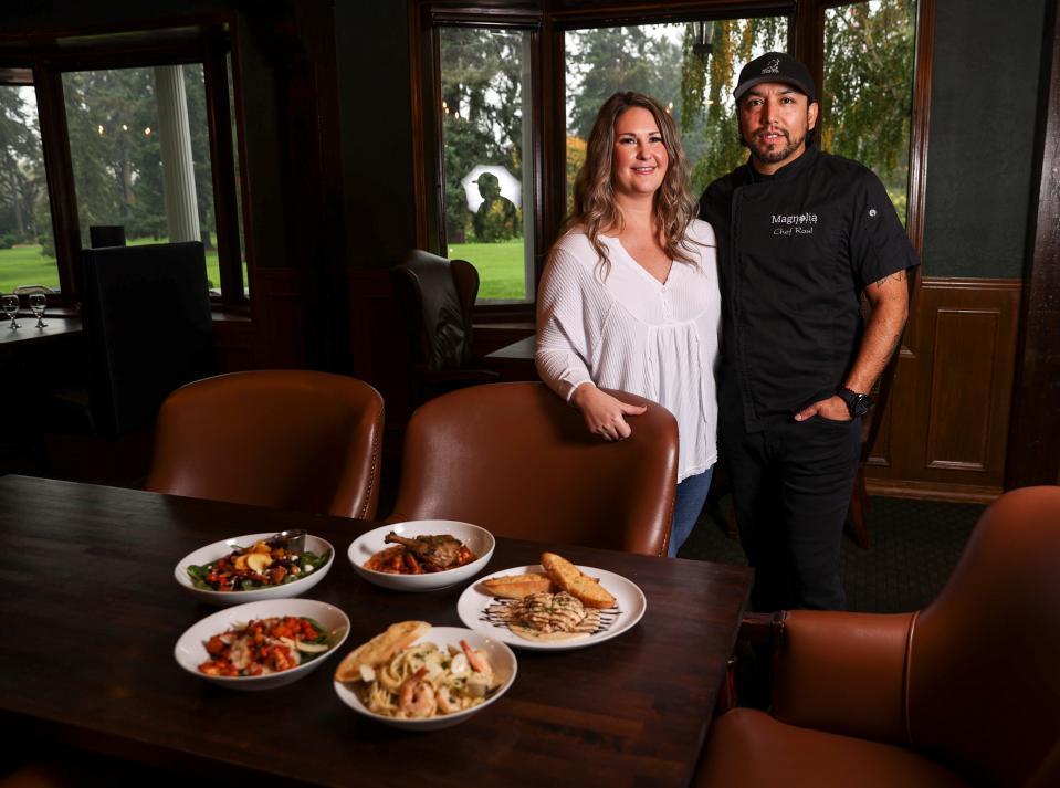 Owners Lindsay Allen and Raul Santana at Magnolia on the Green on Tuesday, Oct. 24, 2023 in Salem, Ore.