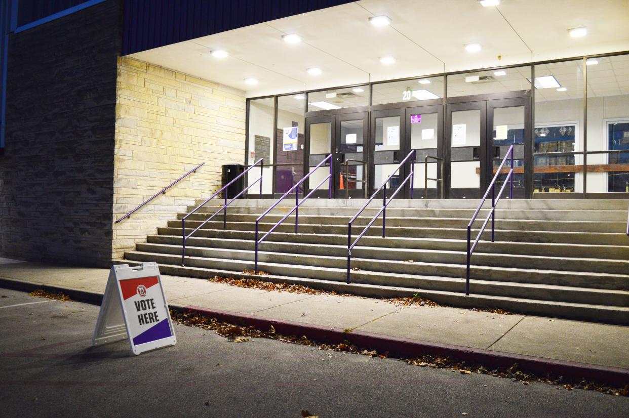 The location for voting at Bloomington High School South was moved for this election and is in the auxiliary gym. A sign was placed just outside to help voters find the proper entrance for Election Day on Tuesday, Nov. 7, 2023.