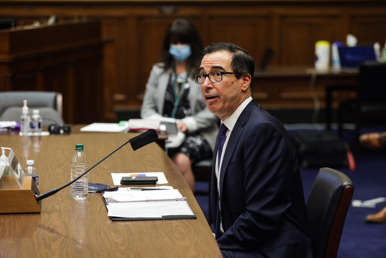 Treasury Secretary Steven Mnuchin testifies before the House Oversight and Reform Subcommittee, on the Trump administrations response to the Coronavirus crisis on Capitol Hill, in Washington, DC, September 1, 2020. (Photo by Graeme JENNINGS / POOL / AFP) (Photo by GRAEME JENNINGS/POOL/AFP via Getty Images)