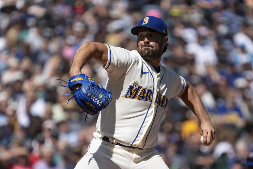 Seattle Mariners starter Robbie Ray delivers a pitch during the first inning of a baseball game against the Cleveland Guardians, Sunday, Aug. 28, 2022, in Seattle. (AP Photo/Stephen Brashear)