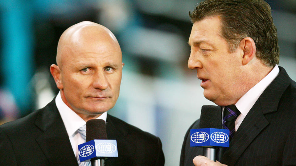 This picture shows Peter Sterling and Phil Gould in their Channel Nine commentary roles.