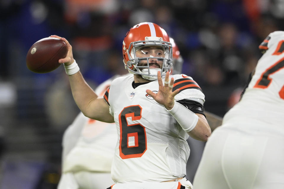 Cleveland Browns quarterback Baker Mayfield throws a pass against the Baltimore Ravens during the first half of an NFL football game, Sunday, Nov. 28, 2021, in Baltimore. (AP Photo/Nick Wass)