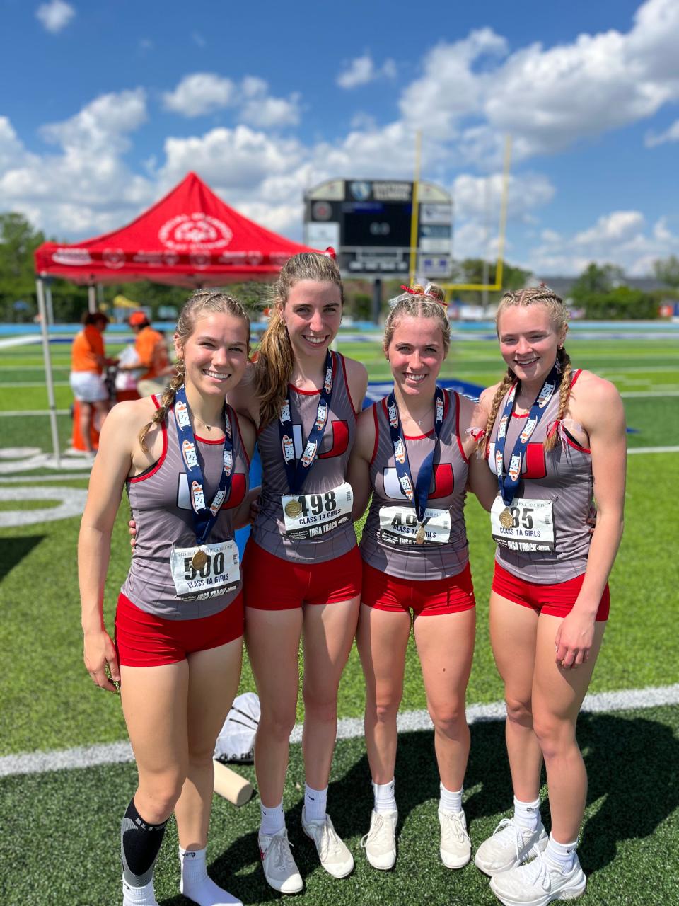 The Monmouth United 4x200 relay team of Emrick Huston, Rosie Flynn, Katie Flynn and Reece Bertelsen combined to run a 1:41.78, setting a Class 1A record Saturday at the IHSA girls track and field state finals in Charleston.