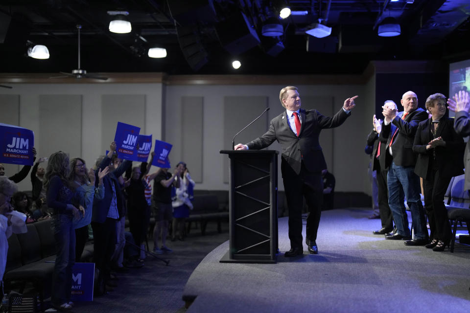 Jim Marchant speaks at an event to announce his candidacy for the U.S Senate seat in Nevada, Tuesday, May 2, 2023, in Las Vegas. (AP Photo/John Locher)