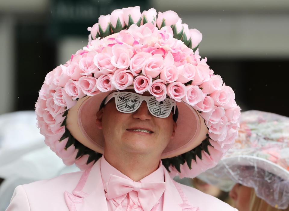 A patron wears a derby hat&nbsp;at the 2017 Kentucky Oaks race, which takes place at Churchill Downs the day before the Kentucky Derby.&nbsp;