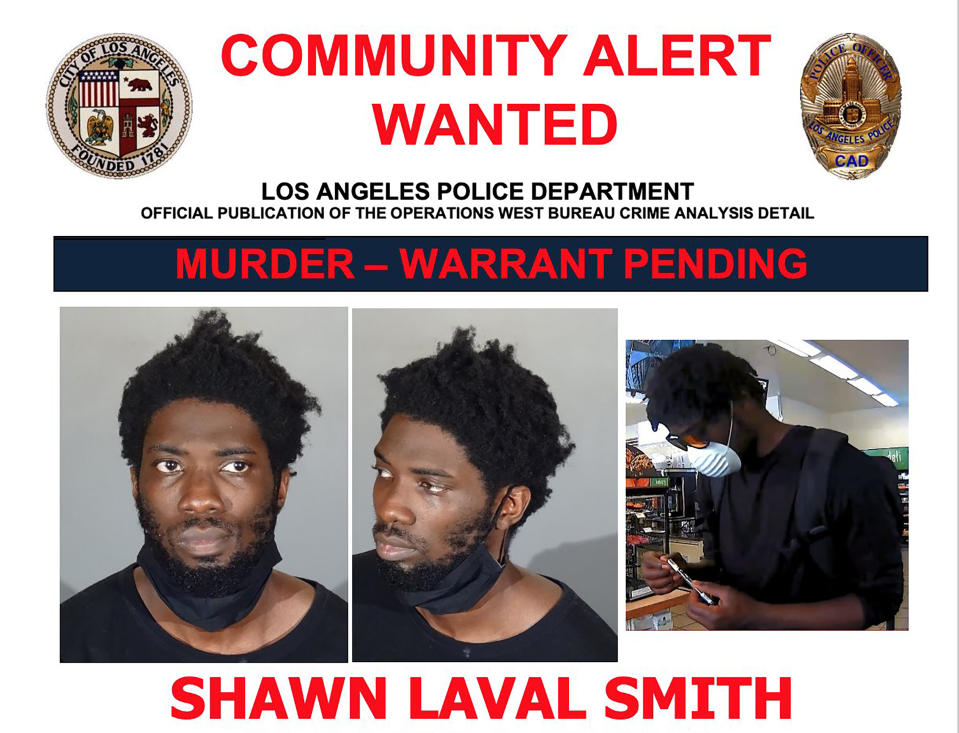 These undated photos provided by the Los Angeles Police Department shows a wanted poster for 31-year-old Shawn Laval Smith. Authorities have arrested a Smith in connection with the slaying of 24-year-old Brianna Kupfer while she worked at a Los Angeles furniture store last week. He was taken into custody shortly before noon on Wednesday, Jan. 19, 2022, in Pasadena, Calif. (Los Angeles Police Department via AP)