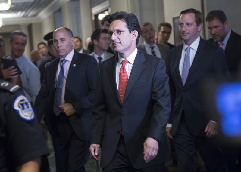 Outgoing House Republican leader Eric Cantor of Virginia arrives for House Republican leadership elections on Capitol Hill in Washington on June 19, 2014. Cantor lost his district's primary election to Tea Party challenger David Brat on this day in 2014. File Photo by Kevin Dietsch/UPI